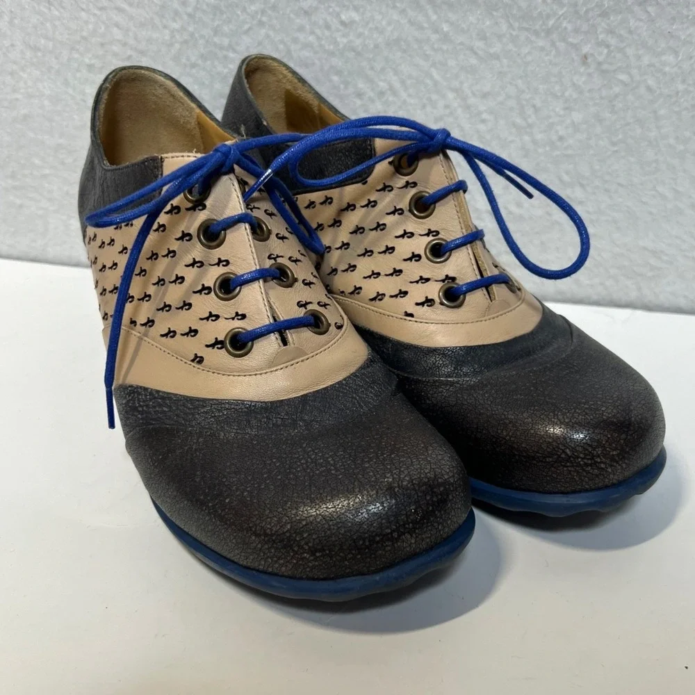 John Fluevog Leather Lace Up Oxford Heels Brown Tan Blue Size 8.5 Portugal